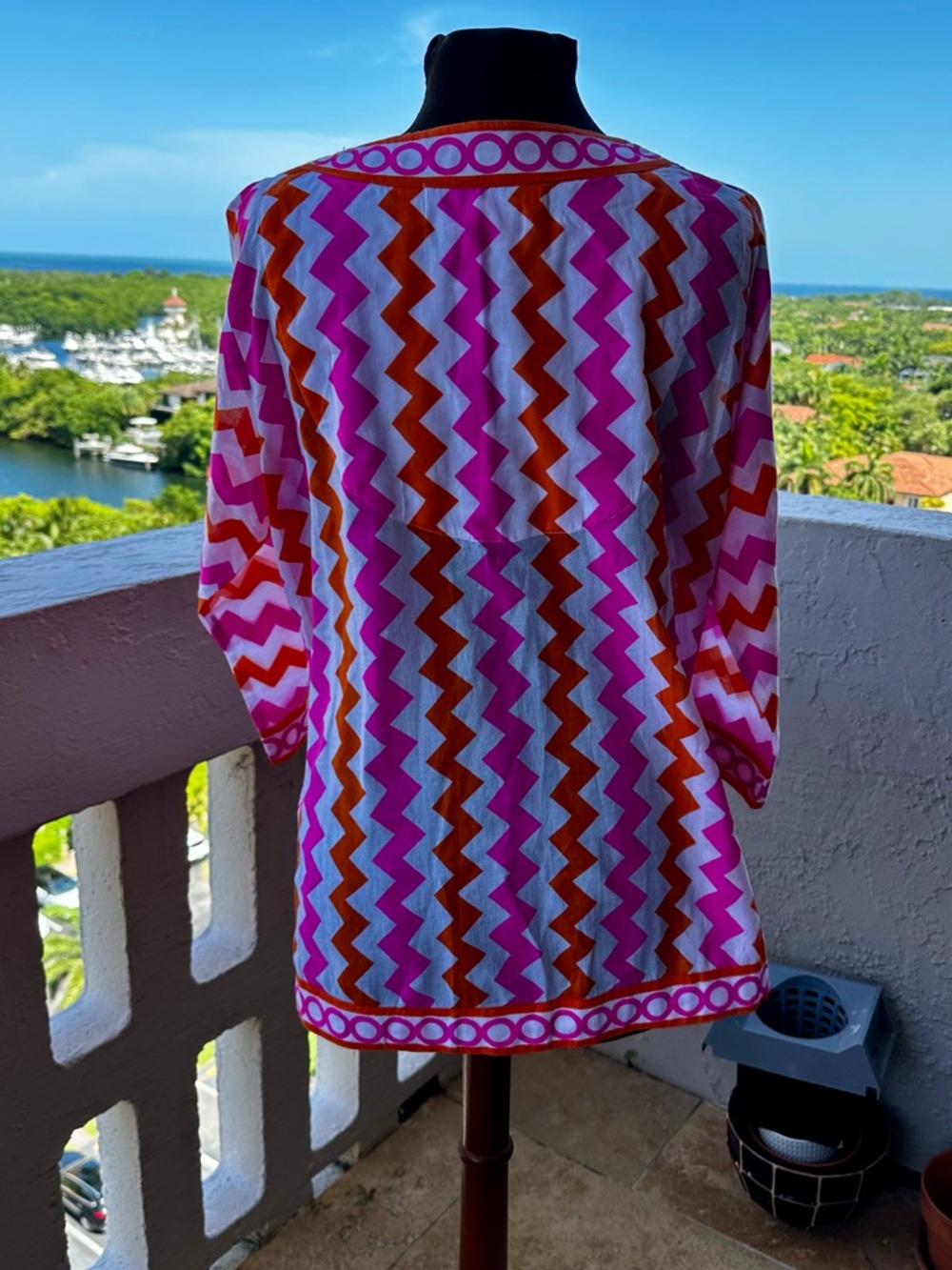 Gretchen Scott 100% Cotton Pink Orange Chevron 3/4 Sleeve Tunic Top Size M - Picture 3 of 7